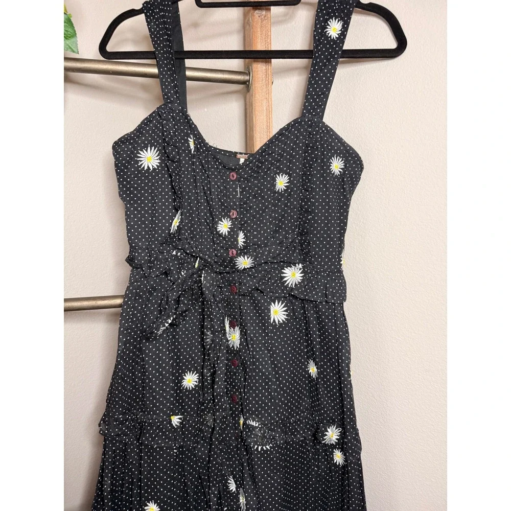 Free People Black Daisy Polka Dot Tiered Midi Dress Button Small